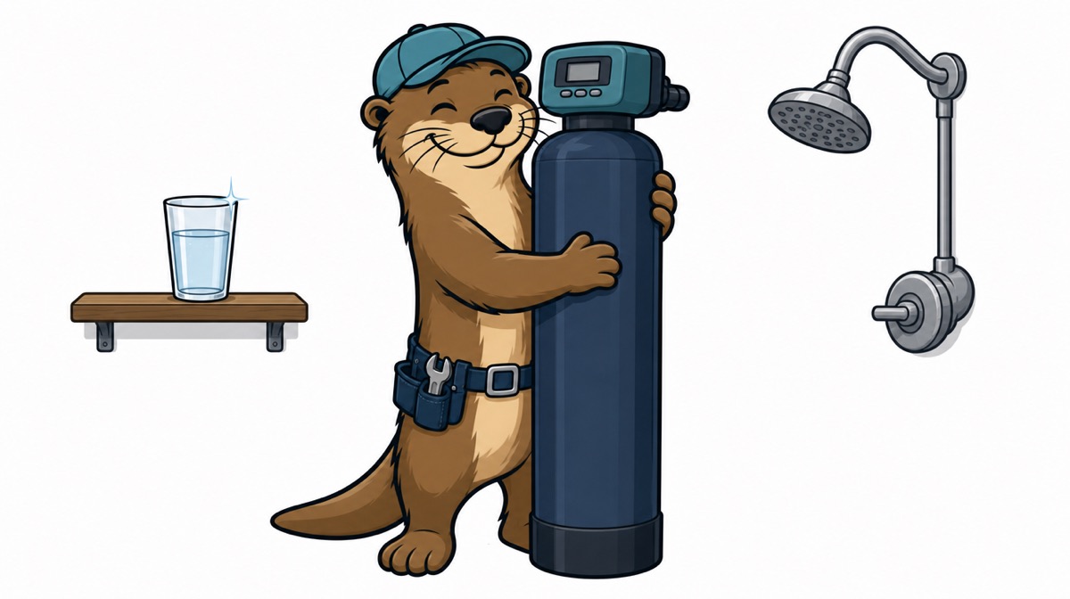 Otto the otter hugging a whole home carbon filter tank, with a glass of clear water on a shelf and a shower head nearby