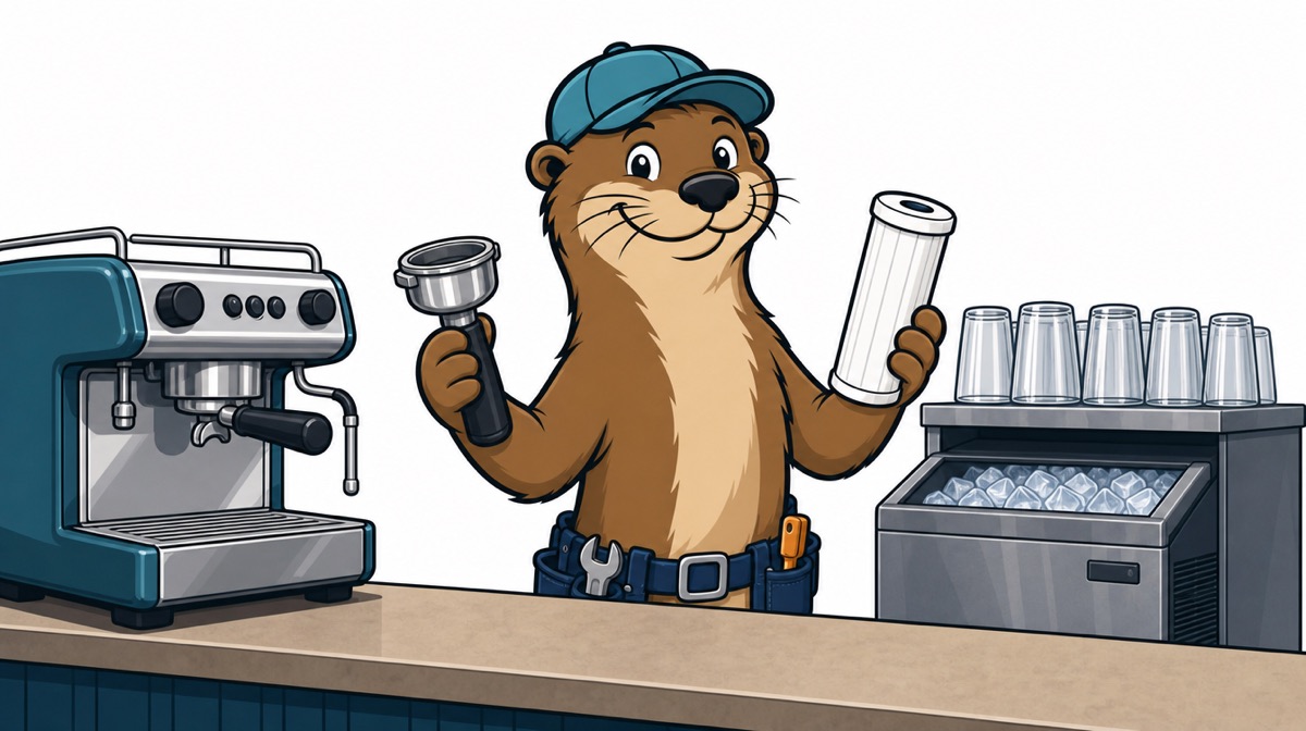 Otto the otter behind a counter holding an espresso portafilter and a water filter cartridge, between an espresso machine and an ice machine