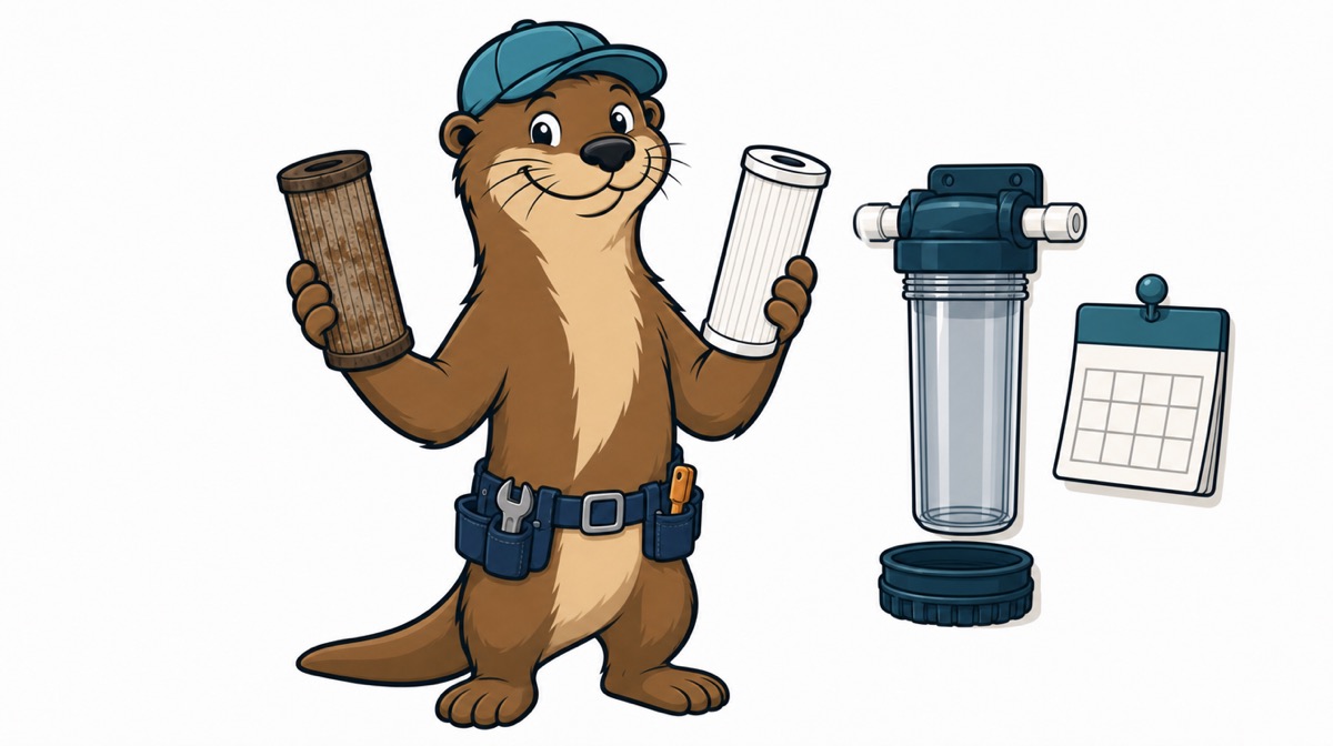 Otto the otter holding a dirty brown filter cartridge and a clean white one beside an empty filter housing and a calendar