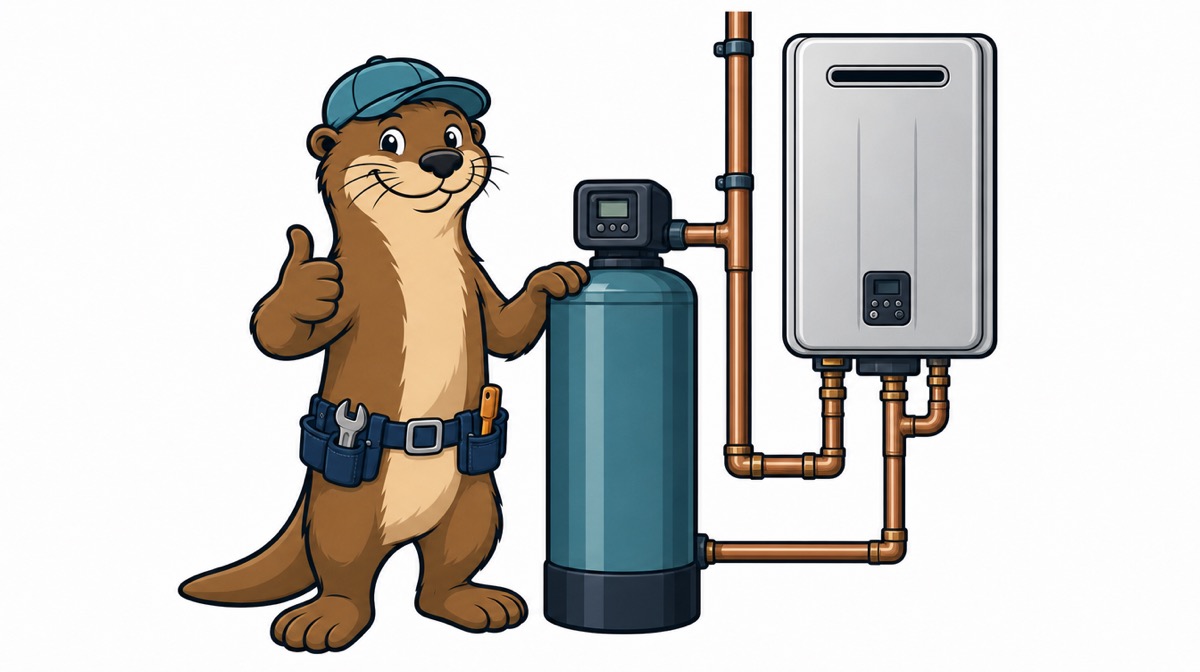 Otto the otter giving a thumbs up beside a salt free water conditioner tank piped to a tankless water heater