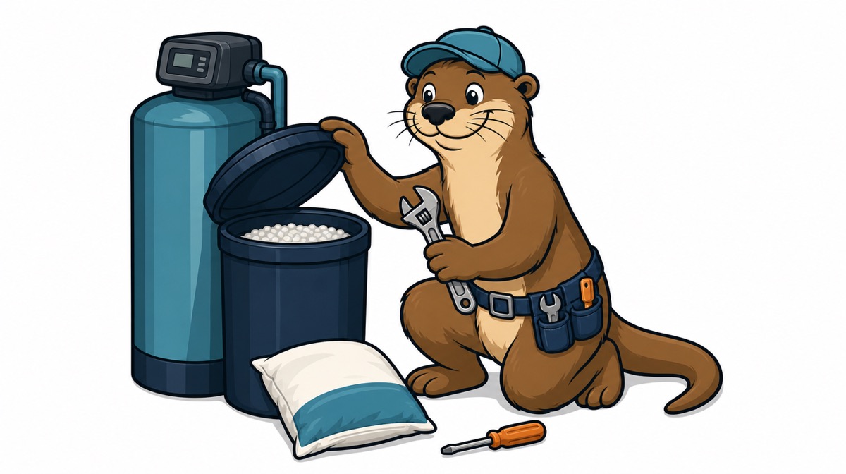 Otto the otter with a wrench checking inside the brine tank of a water softener that needs repair, with a bag of salt on the floor