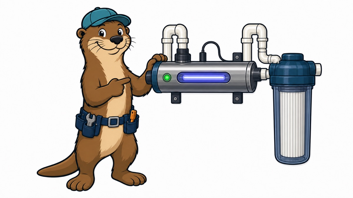 Otto the otter pointing to a UV water disinfection unit with a glowing lamp, mounted on pipes next to a sediment filter