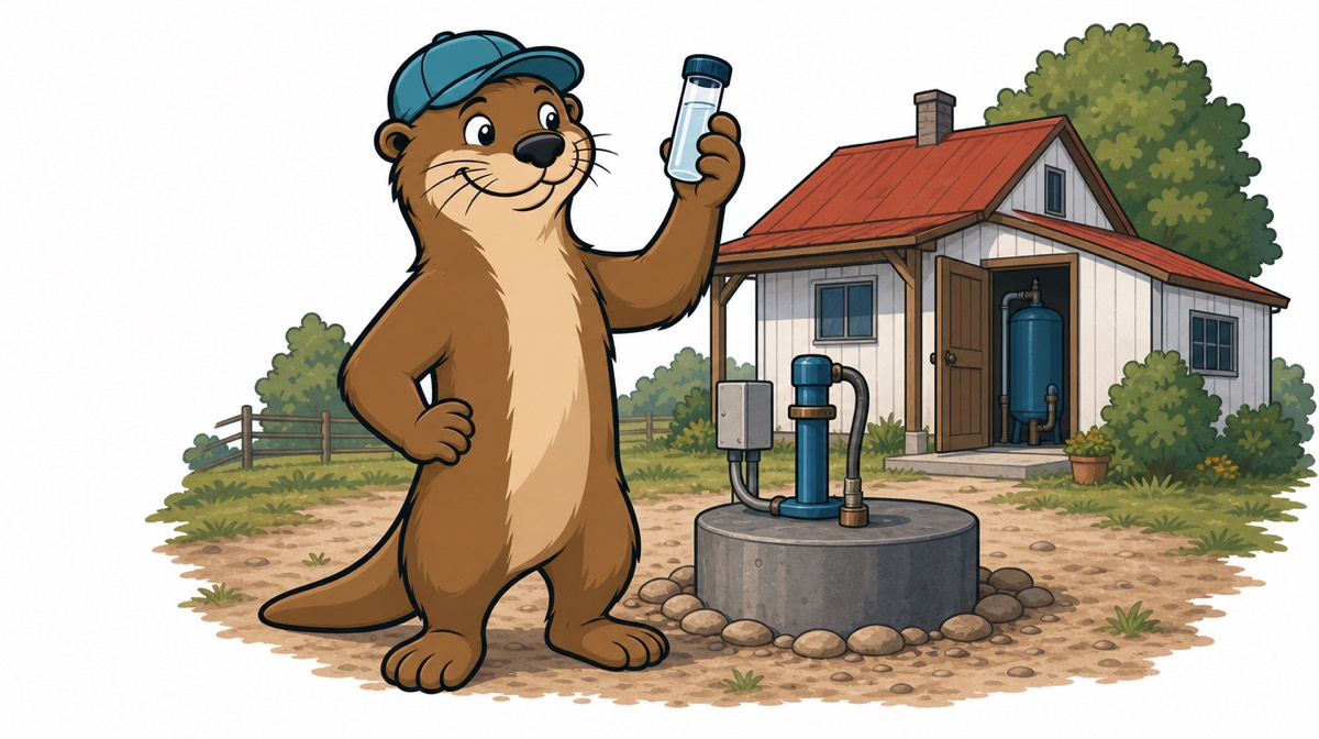Otto the otter holding a water sample beside a rural well head, with the pressure tank in the pump house behind