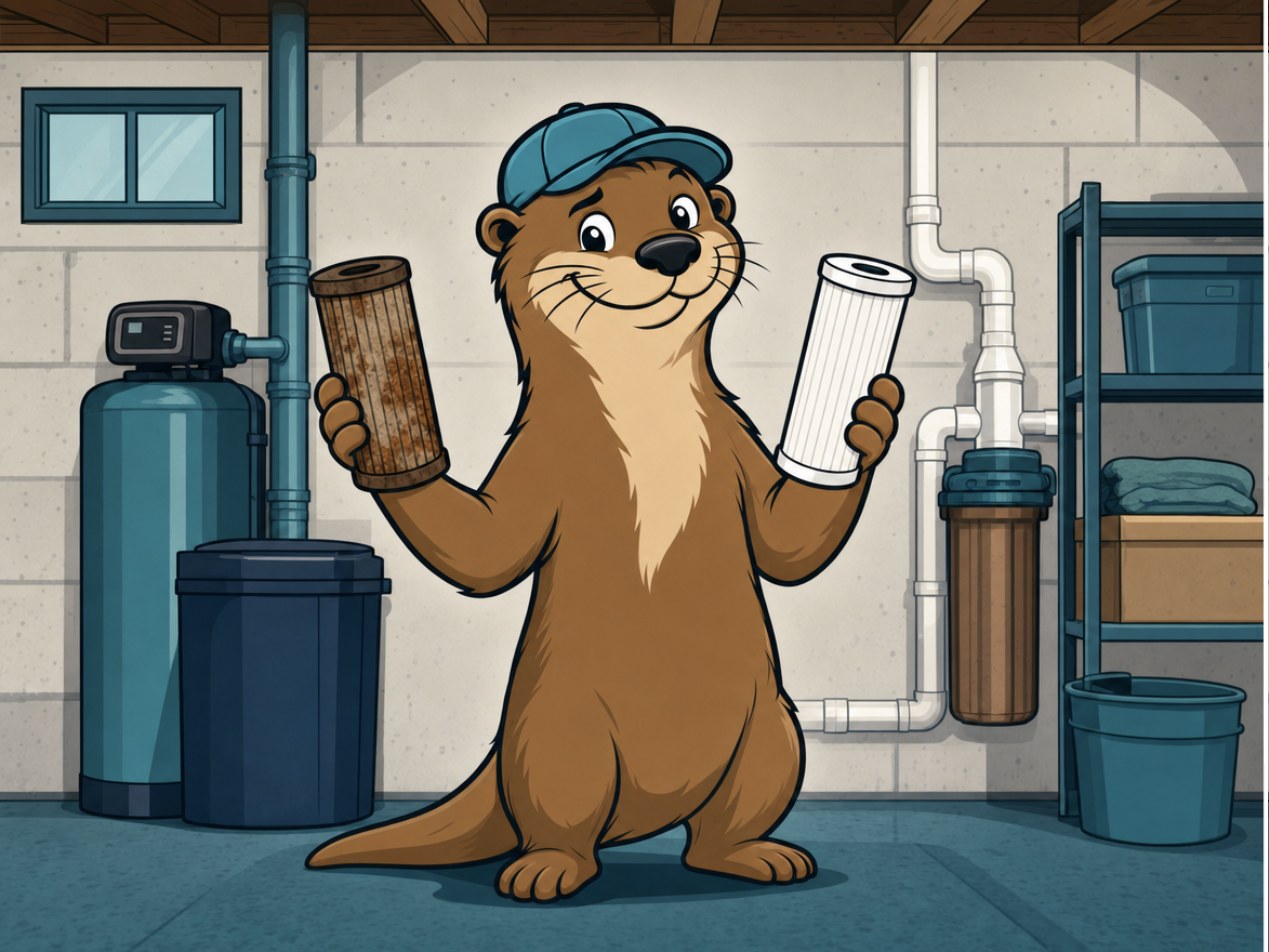 Otto the otter holding a dirty filter cartridge and a clean one in a basement next to a softener and filter housing