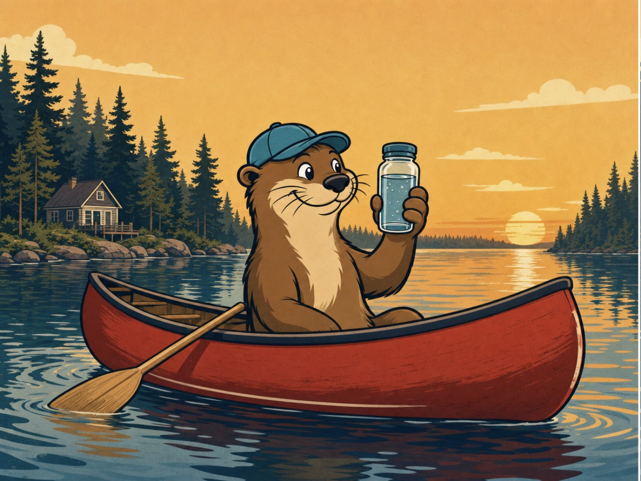 Otto the otter in a red canoe holding up a jar of lake water, with a lakeside cottage behind