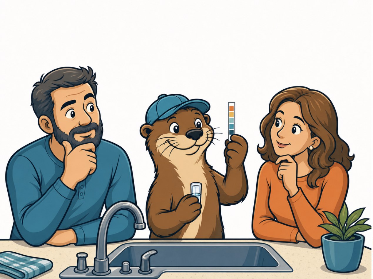 Otto the Honest Water otter reading a water test strip at the kitchen sink with two homeowners