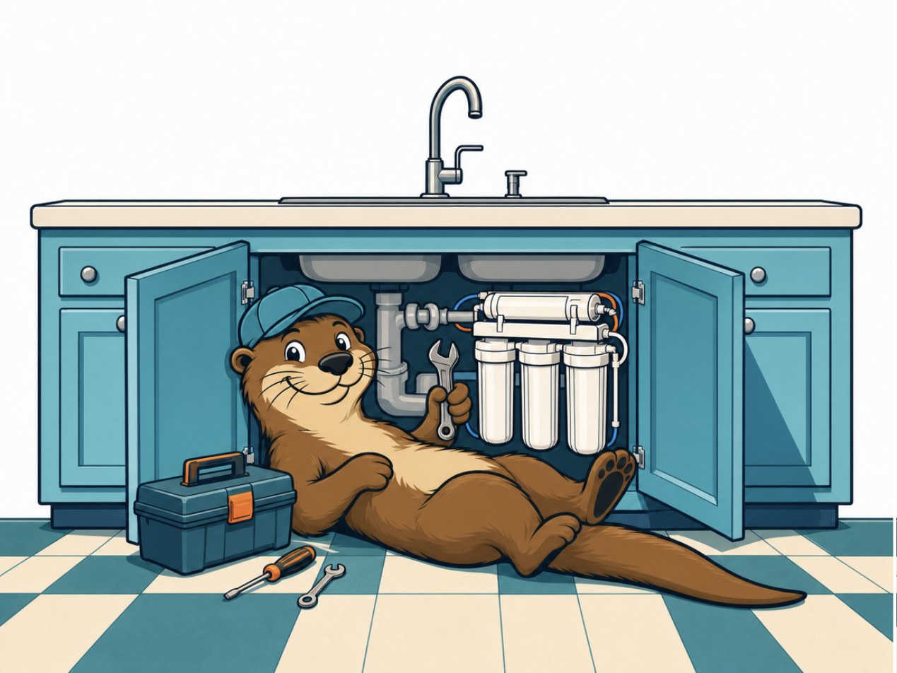 Otto the otter with a wrench under a kitchen sink beside a reverse osmosis drinking water system