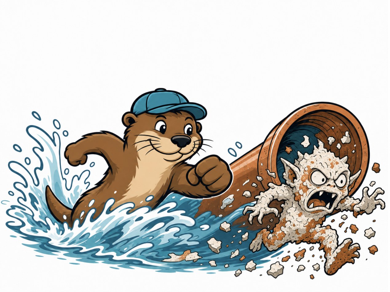 Cartoon of Otto the otter in a blue cap punching a crusty hard water scale monster out of a pipe in a splash of water