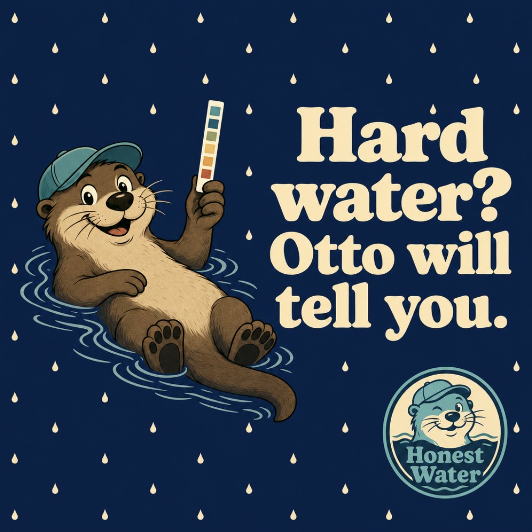 Otto the otter floating on his back holding a hardness test strip, with the words Hard water? Otto will tell you