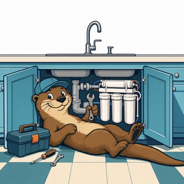 Otto the otter installing an under-sink reverse osmosis system at a kitchen sink